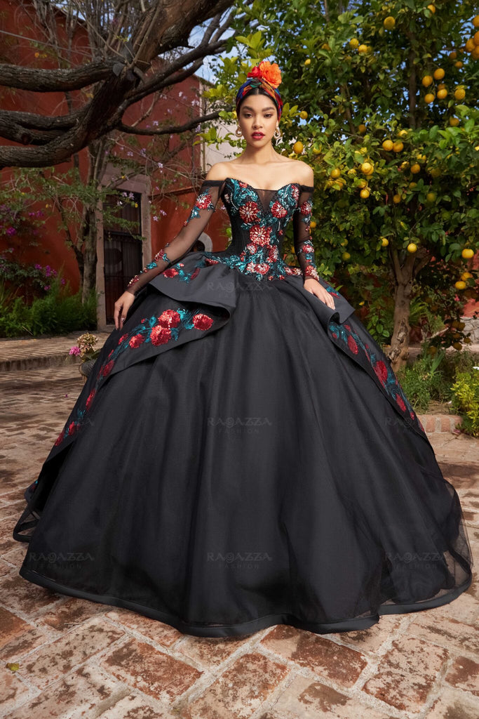 Ragazza Fashion Black Quince Dress With Flowers RUFFLED CHARRO QUINCE DRESS BY RAGAZZA FASHION M25-125 Ragazza Fashion Black Quince Dress With Flowers RUFFLED CHARRO QUINCE DRESS BY RAGAZZA FASHION M25-125