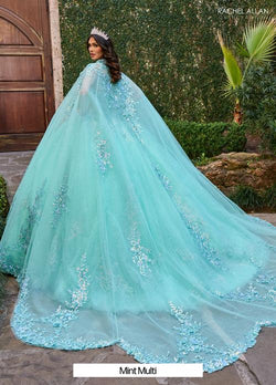 The gown features a sweetheart neckline and a voluminous tulle skirt sprinkled with 3D flowers. A matching tulle cape adds a touch of regal elegance, Style #: RQ1148
