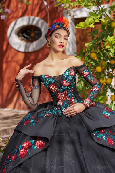 Dramatic Elegance 3-Piece Ensemble: Black Tulle and Red Sequined Florals-M42-142 RAGAZZA